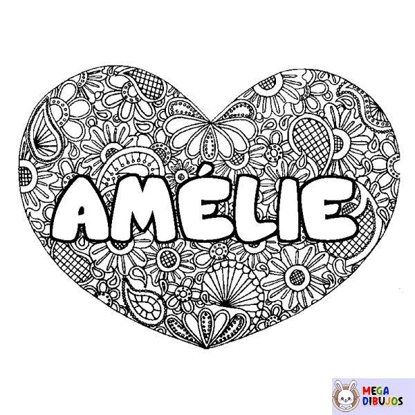Coloración del nombre AM&Eacute;LIE - decorado mandala de coraz&oacute;n