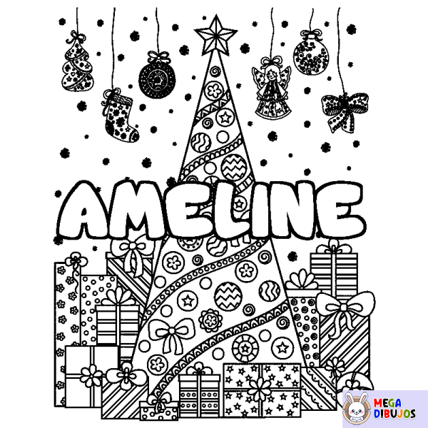 Coloración del nombre AMELINE - decorado &aacute;rbol de Navidad y regalos