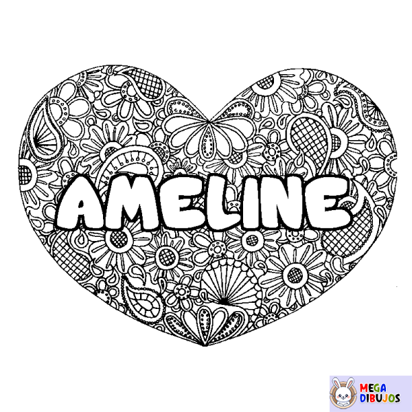 Coloración del nombre AMELINE - decorado mandala de coraz&oacute;n