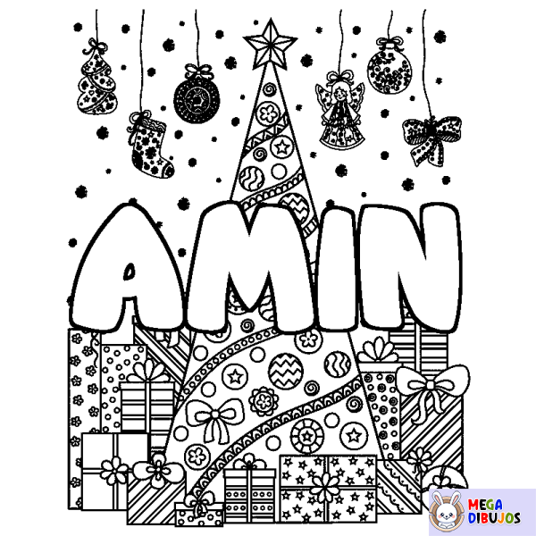 Coloración del nombre AMIN - decorado &aacute;rbol de Navidad y regalos