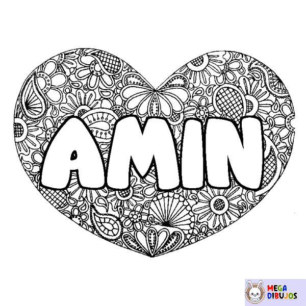 Coloración del nombre AMIN - decorado mandala de coraz&oacute;n