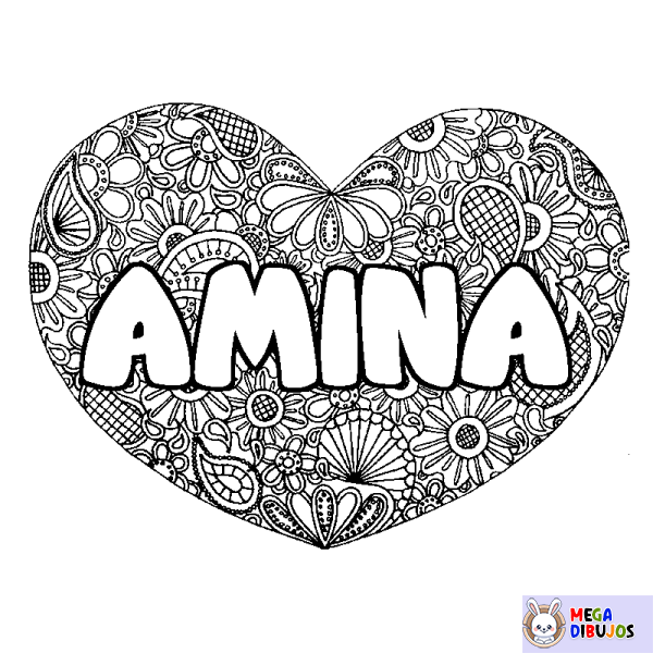 Coloración del nombre AMINA - decorado mandala de coraz&oacute;n