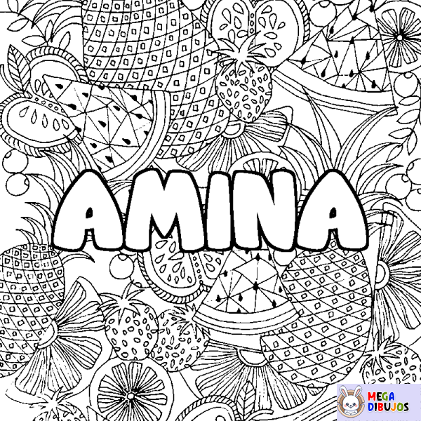 Coloración del nombre AMINA - decorado mandala de frutas