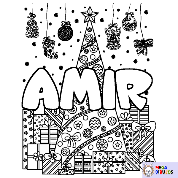 Coloración del nombre AMIR - decorado &aacute;rbol de Navidad y regalos