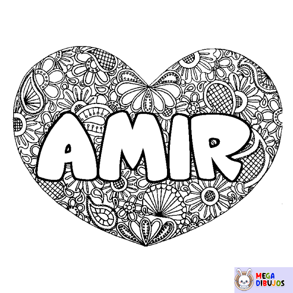 Coloración del nombre AMIR - decorado mandala de coraz&oacute;n