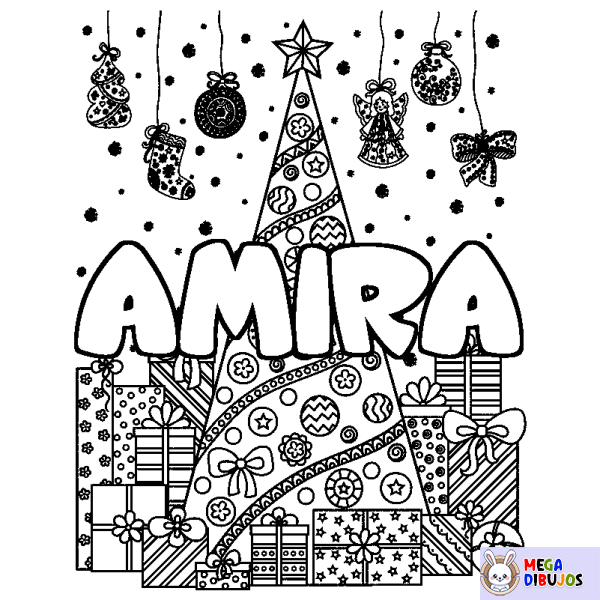 Coloración del nombre AMIRA - decorado &aacute;rbol de Navidad y regalos