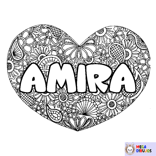 Coloración del nombre AMIRA - decorado mandala de coraz&oacute;n