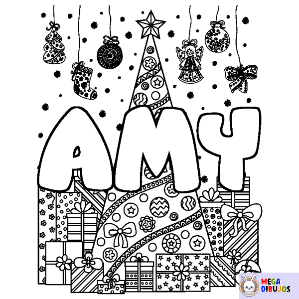 Coloración del nombre AMY - decorado &aacute;rbol de Navidad y regalos