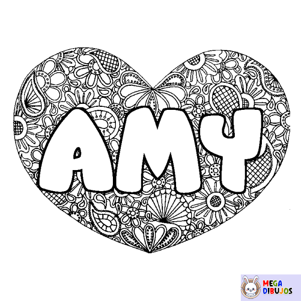 Coloración del nombre AMY - decorado mandala de coraz&oacute;n