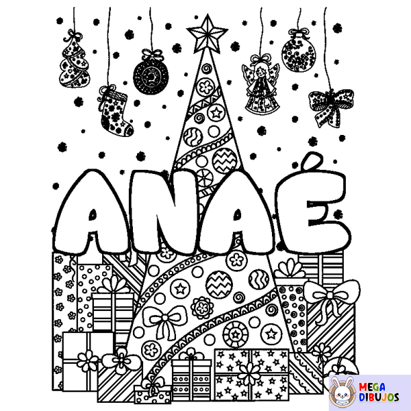 Coloración del nombre ANA&Eacute; - decorado &aacute;rbol de Navidad y regalos
