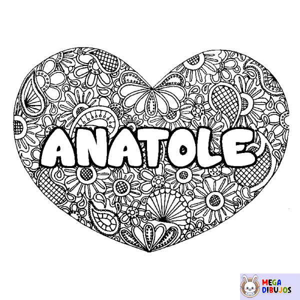 Coloración del nombre ANATOLE - decorado mandala de coraz&oacute;n