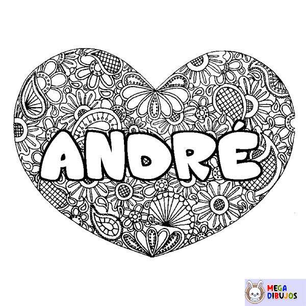 Coloración del nombre ANDR&Eacute; - decorado mandala de coraz&oacute;n