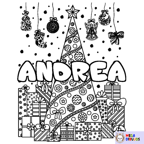 Coloración del nombre ANDREA - decorado &aacute;rbol de Navidad y regalos