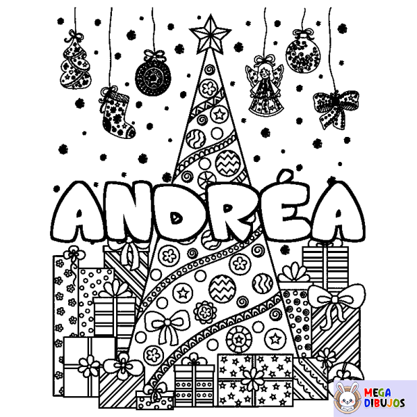 Coloración del nombre ANDR&Eacute;A - decorado &aacute;rbol de Navidad y regalos