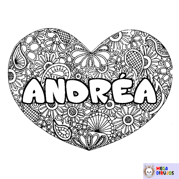 Coloración del nombre ANDR&Eacute;A - decorado mandala de coraz&oacute;n