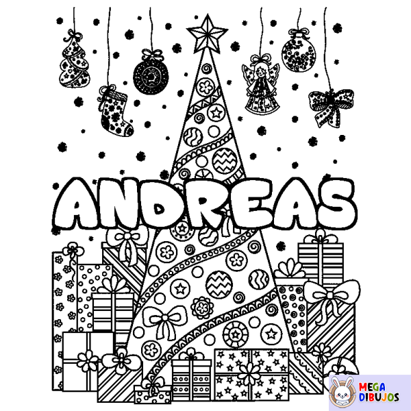 Coloración del nombre ANDREAS - decorado &aacute;rbol de Navidad y regalos