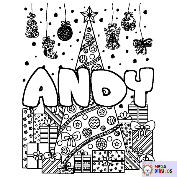 Coloración del nombre ANDY - decorado &aacute;rbol de Navidad y regalos