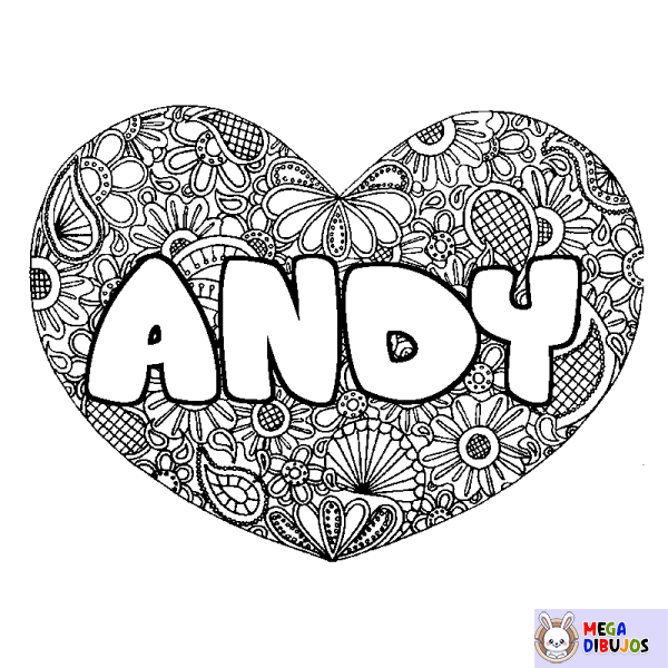 Coloración del nombre ANDY - decorado mandala de coraz&oacute;n