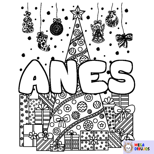 Coloración del nombre ANES - decorado &aacute;rbol de Navidad y regalos