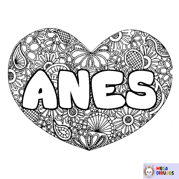 Coloración del nombre ANES - decorado mandala de coraz&oacute;n