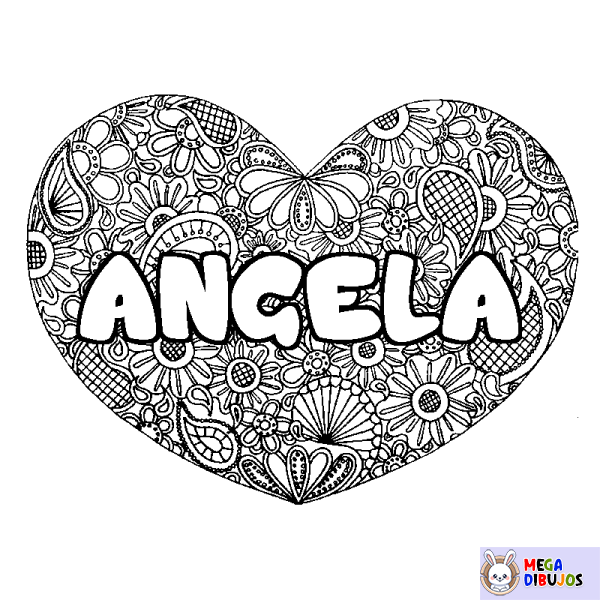Coloración del nombre ANGELA - decorado mandala de coraz&oacute;n