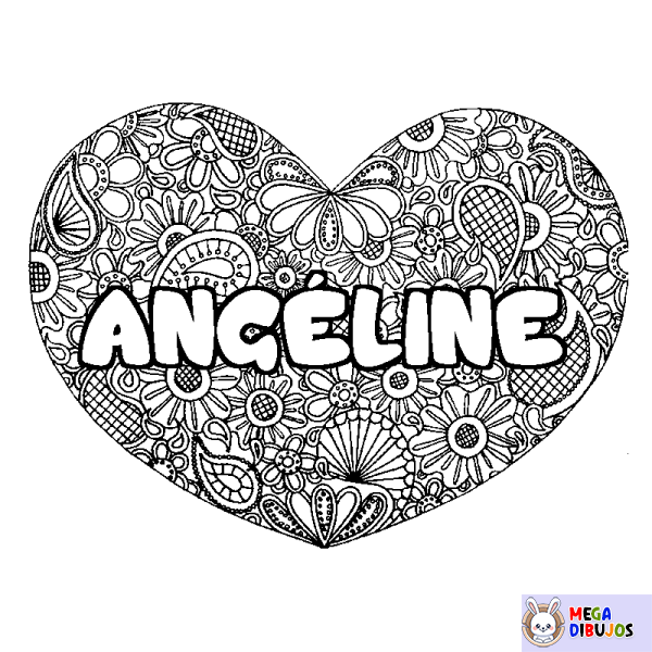 Coloración del nombre ANG&Eacute;LINE - decorado mandala de coraz&oacute;n