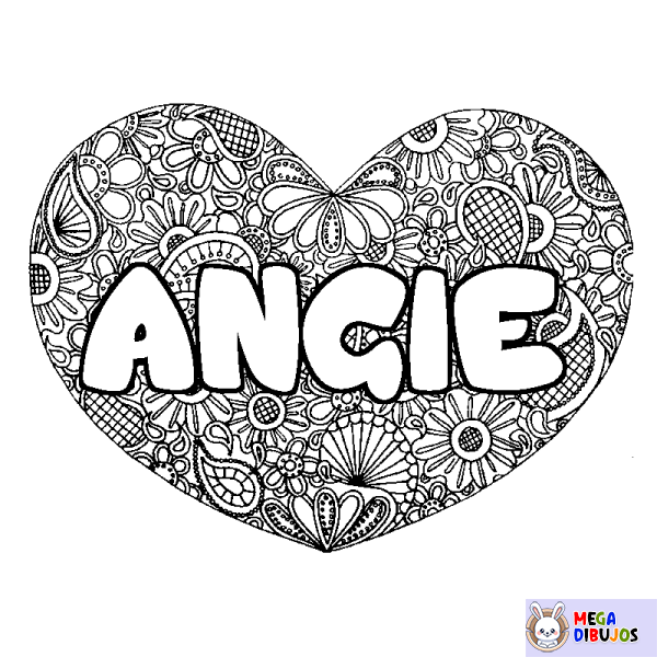 Coloración del nombre ANGIE - decorado mandala de coraz&oacute;n