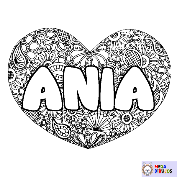 Coloración del nombre ANIA - decorado mandala de coraz&oacute;n