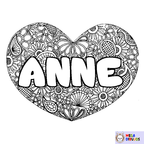 Coloración del nombre ANNE - decorado mandala de coraz&oacute;n