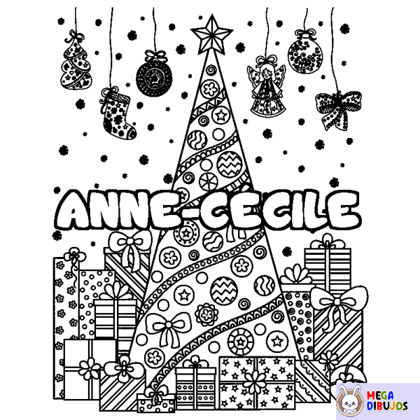Coloración del nombre ANNE-C&Eacute;CILE - decorado &aacute;rbol de Navidad y regalos