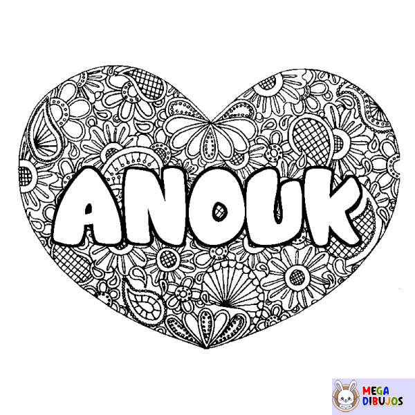 Coloración del nombre ANOUK - decorado mandala de coraz&oacute;n