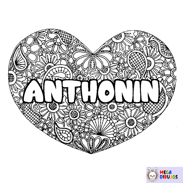 Coloración del nombre ANTHONIN - decorado mandala de coraz&oacute;n