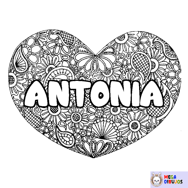 Coloración del nombre ANTONIA - decorado mandala de coraz&oacute;n