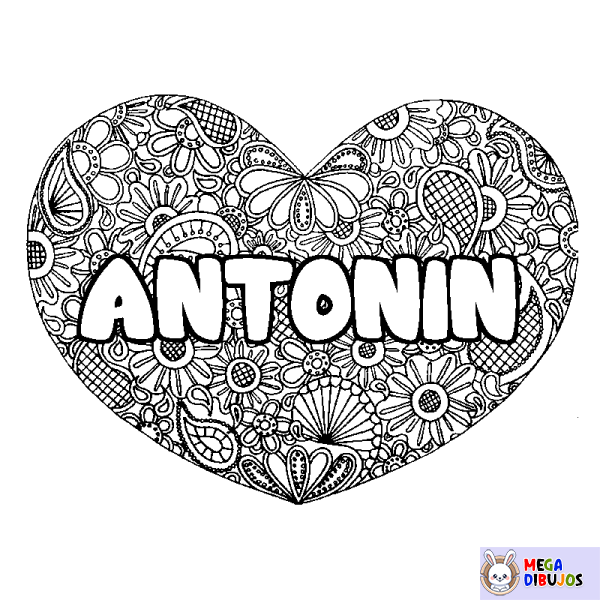 Coloración del nombre ANTONIN - decorado mandala de coraz&oacute;n