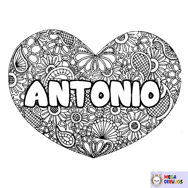 Coloración del nombre ANTONIO - decorado mandala de coraz&oacute;n