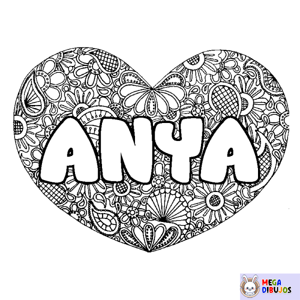 Coloración del nombre ANYA - decorado mandala de coraz&oacute;n