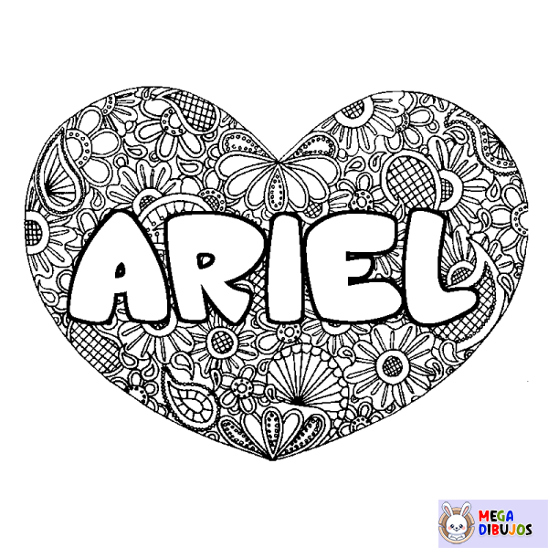 Coloración del nombre ARIEL - decorado mandala de coraz&oacute;n