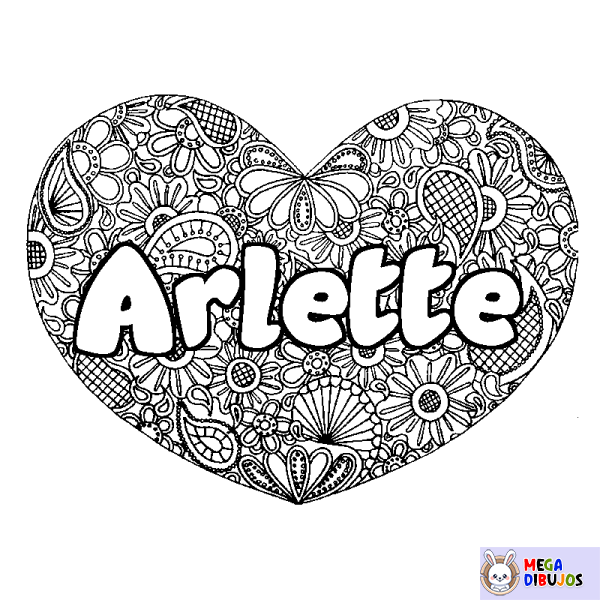 Coloración del nombre Arlette - decorado mandala de coraz&oacute;n