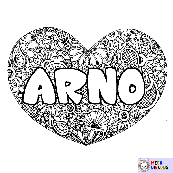 Coloración del nombre ARNO - decorado mandala de coraz&oacute;n