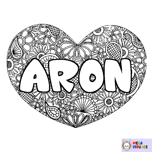 Coloración del nombre ARON - decorado mandala de coraz&oacute;n