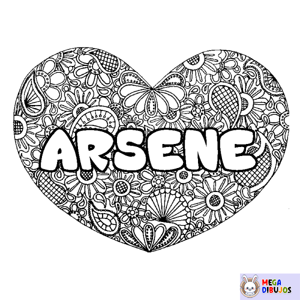 Coloración del nombre ARSENE - decorado mandala de coraz&oacute;n