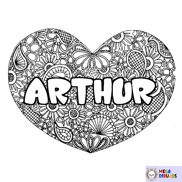 Coloración del nombre ARTHUR - decorado mandala de coraz&oacute;n