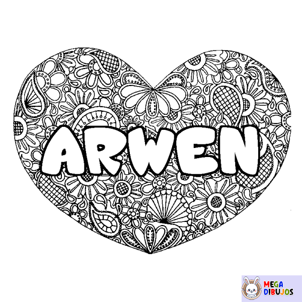 Coloración del nombre ARWEN - decorado mandala de coraz&oacute;n