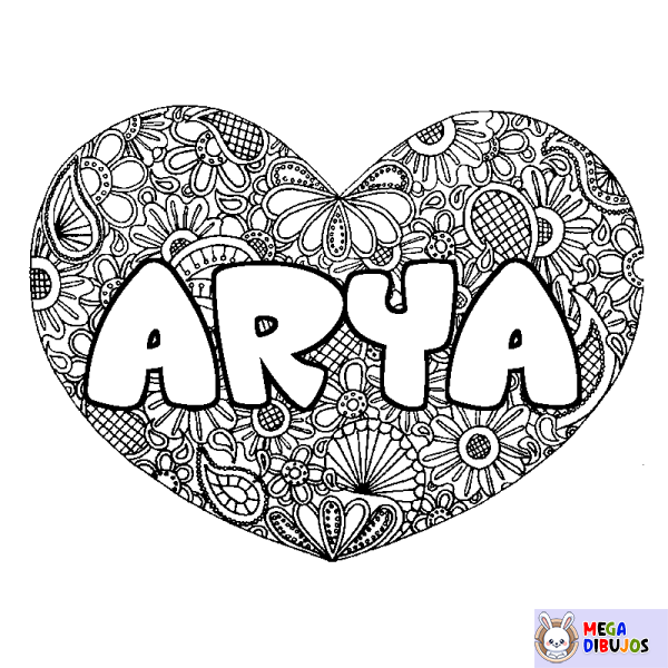 Coloración del nombre ARYA - decorado mandala de coraz&oacute;n