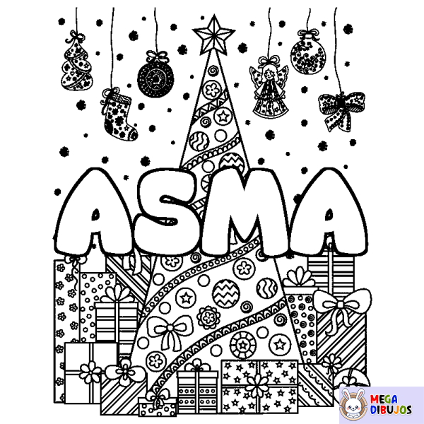 Coloración del nombre ASMA - decorado &aacute;rbol de Navidad y regalos