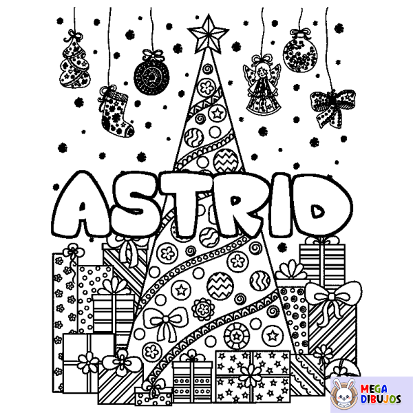 Coloración del nombre ASTRID - decorado &aacute;rbol de Navidad y regalos
