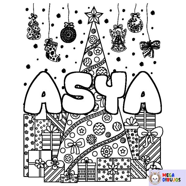 Coloración del nombre ASYA - decorado &aacute;rbol de Navidad y regalos