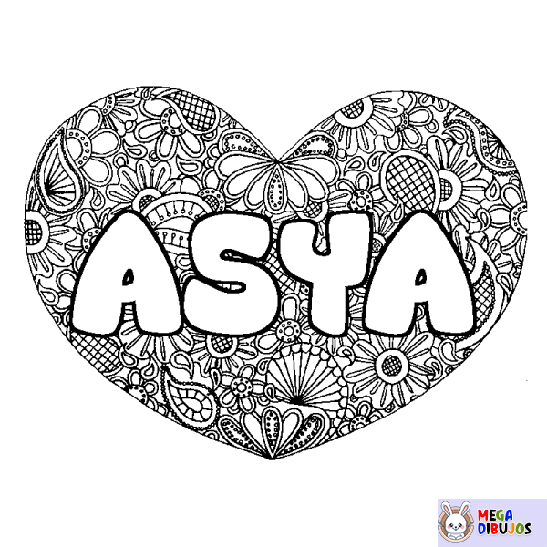 Coloración del nombre ASYA - decorado mandala de coraz&oacute;n