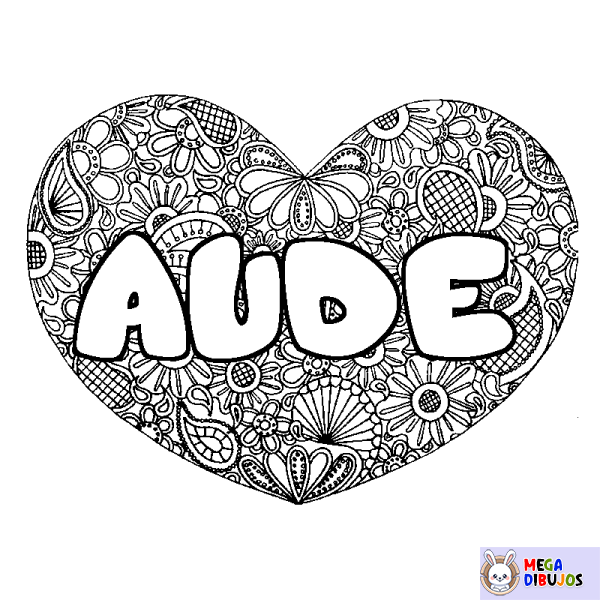 Coloración del nombre AUDE - decorado mandala de coraz&oacute;n