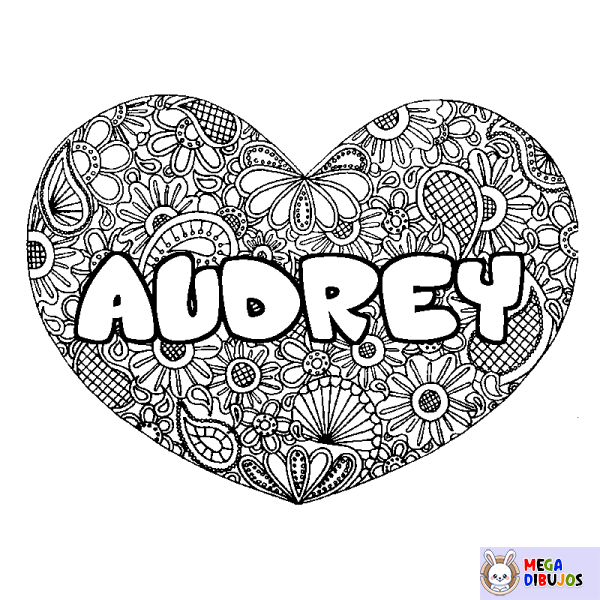 Coloración del nombre AUDREY - decorado mandala de coraz&oacute;n